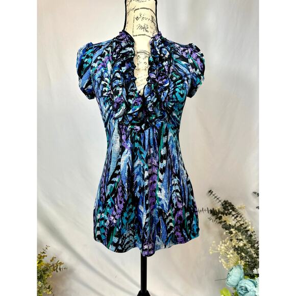 HeartSoul Y2K Baby Doll Ruffle Short Sleeve Top Blue Multi M - Picture 1 of 12